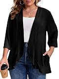 MK Shop Limited Plus Size Cardigan for Women Casual 3/4 Sleeve Lightweight Soft Open Front Cardigans with Pockets Black 2XL