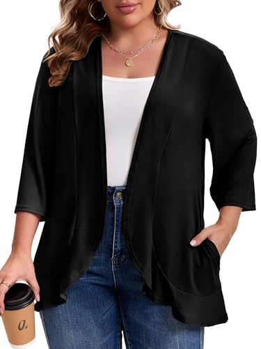 MK Shop Limited Plus Size Cardigan for Women Casual 3/4 Sleeve Lightweight Soft Open Front Cardigans with Pockets Black 2XL