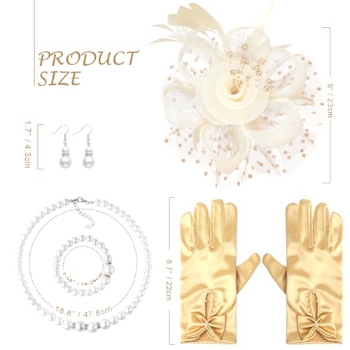 Image of DRESHOW 1920s Vintage Fascinators Hat for Women Veil Mesh Tea Party Derby Hat Bow Satin Gloves Pearl Jewelry Set for Cocktail