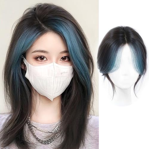 VAVANGA Hair Topper with Bangs Middle Part Black with Blue Highlight Color