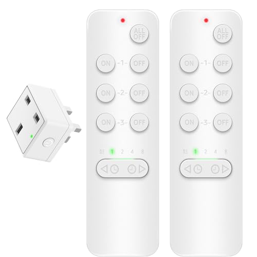 NineLeaf Remote Control Plug Socket UK, Timer Plug with Wireless Remotes, Electric shock-proof safety outlet, 15A,4000V Anti-Surge, 152M/500FT, Programmable, V0 Fireproof, LED, 1 Socket and 2 Remote