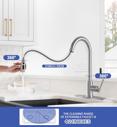 Image of Kitchen Faucet with Pull Down Sprayer, Brushed Nickel Stainless Steel Single Handle Kitchen Sink Faucet with 10 inch Deck Plate, 3 Spray Modes, RV Kitchen Faucet for Camper, Outdoor