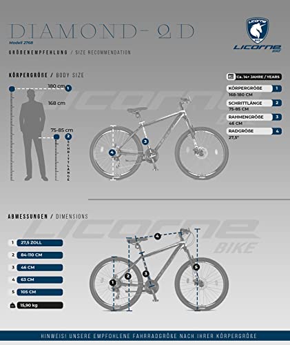 Miniatura 6 de Licorne Bike Diamond Premium - Bicicleta De Montaña De Aluminio Para Niños, Niñas, Hombres Y Mujeres, Cambio De 21 Velocidades, Freno De Disco Para Hombre, Horquilla Delantera Ajustable 27,5, Negro Y