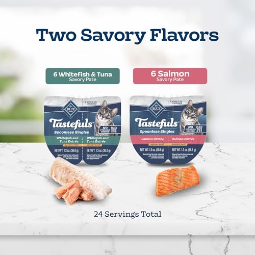 Image of Blue Buffalo Tastefuls Spoonless Singles Variety Pack, Wet Cat Food Pate, 2.6-oz. Twin-Pack Trays, Whitefish /Tuna & Salmon Entree (12 Count)