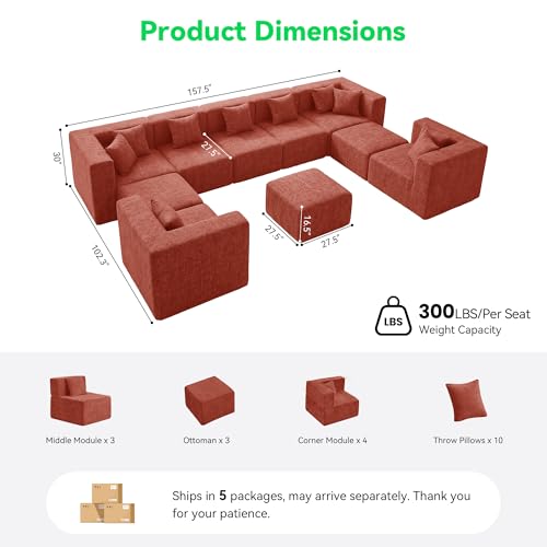 Image of MONVANE Oversized Boneless Sectional Couches for Living Room, 10-Seat Cloud Couch, Modular Sofa with Ottoman & 10 Throw Pillows, Comfy Chenille, No Assembly Required, Red