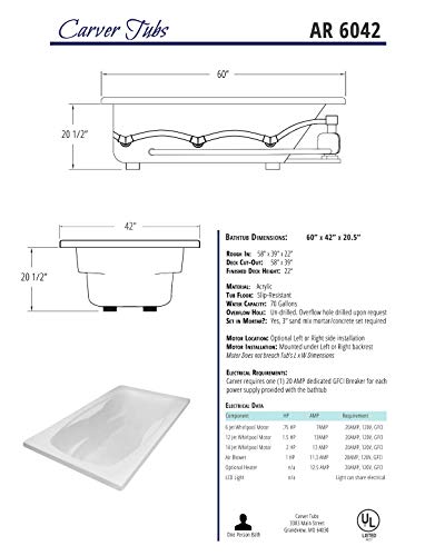 Carver Tubs - Ar6042 - Whirlpool Bathtub W/Heated 12 Jet - 60"H X 42"W X 20.5"H - White Rectangle Acrylic Spacious Interior Tub - Right Hand Motor #TOP3