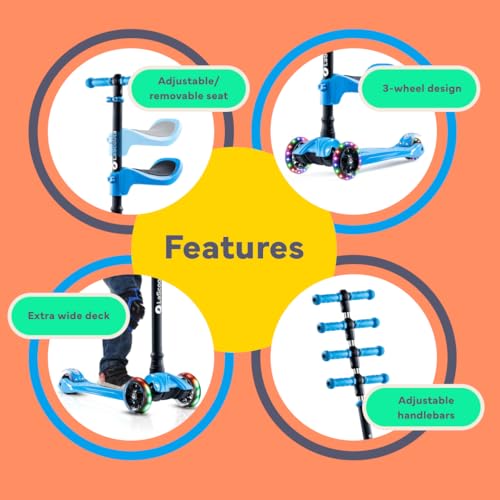 Image of LaScoota 2-in-1 Kids Kick Scooter, Adjustable Height Handlebars and Removable Seat, 3 LED Lighted Wheels and Anti-Slip Deck, for Boys & Girls Aged 3-12 and up to 100 Lbs.