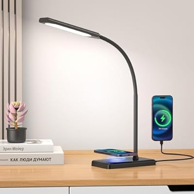 KEXIN LED Desk Touch Lamp with Wireless Charging & USB Charging Table Lamp 5 Color Modes 6 Brightness Levels Eye-Caring Gooseneck Desk Lamp for Home Office with Memory Function 1h Timer Bedside Lamp