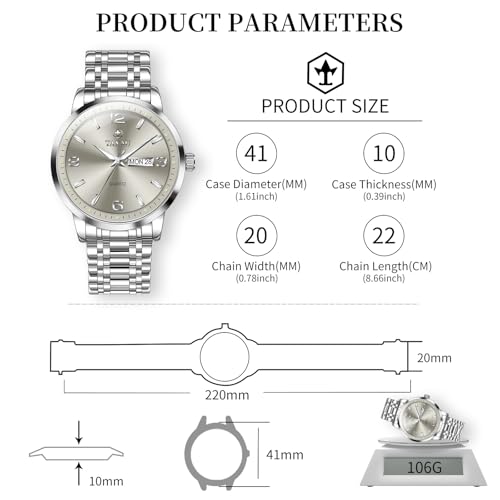 Taxau Popular Watch Gray Silver Watches for Mens with Day Date Quartz Big Face Classic Water Resistant Luminous Dress Men's Wrist Watches Popular Analog — view 3