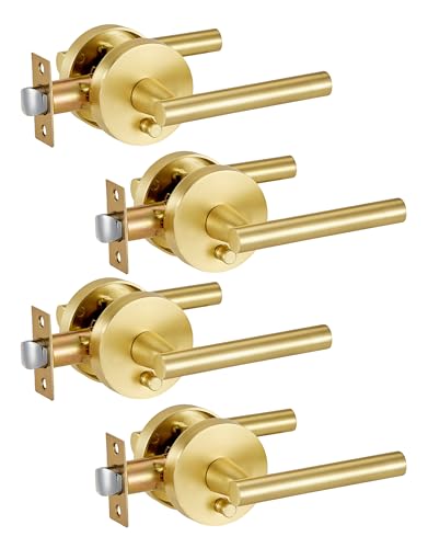 Image of Lethato 4 Packs Gold Interior Door Handle, Brushed Gold Door Handles Interior, Heavy Duty Interior Bedroom Lever Door Handle for Bathroom
