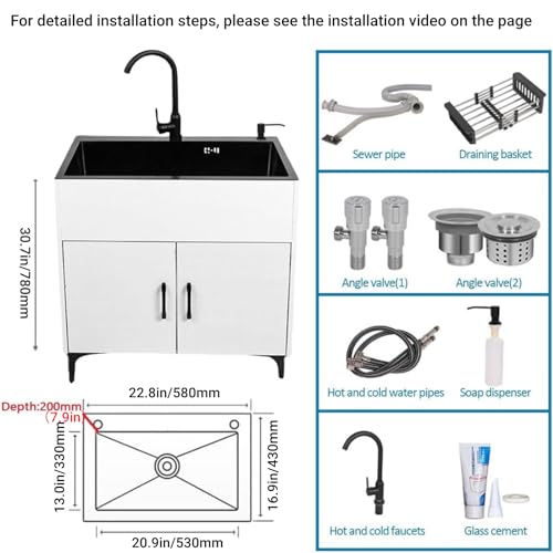 Ownsig Stainless Steels Utility Sink with Cabinet, Free Standing Sink with Hot and Cold Faucet, Laundry Room Sink with Draining Basket and Soap Dispenser, Suitable for Kitchen and Laundry - Thumbnail 2