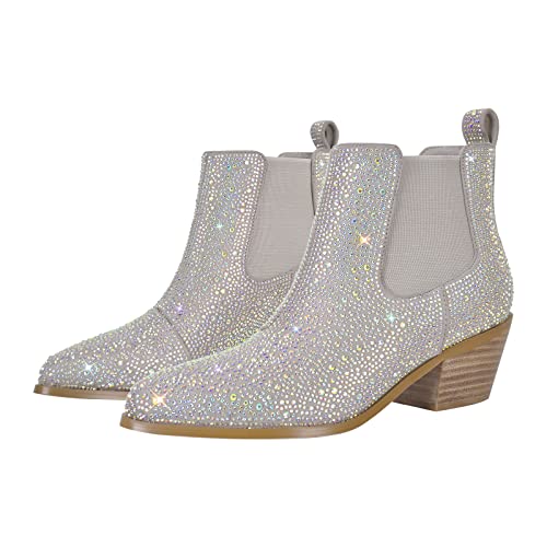 VERISSON Point Toe Western Boots Chelsea Silver Glitter Rhinestone Block Heeled Cowboy Booty 6CM