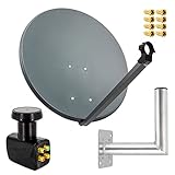 PremiumX Satelliten-Komplettanlage 80cm Satellitenschüssel Anthrazit Quad LNB 8X F-Stecker Wandhalter 25cm, 1 SAT 4 Teilnehmer
