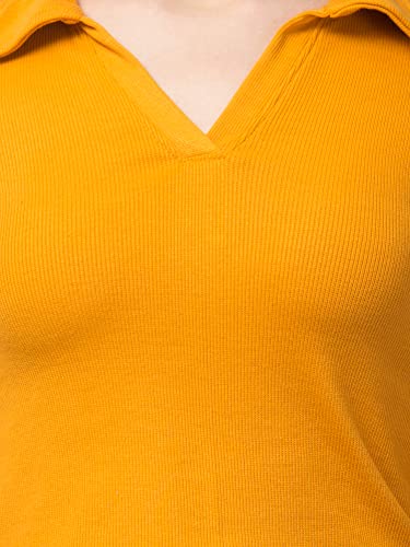 Image of Ribbed Polo Collar Full Sleeves Tops for Women
