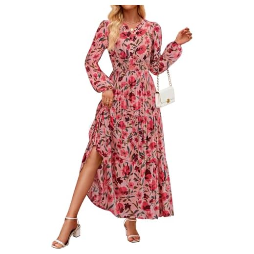 ZESICA Women's 2025 Fall Long Sleeve Maxi Dress Floral Print V Neck Empire Waist A Line Tiered Flowy Boho Party Dresses Vintage Pink Medium