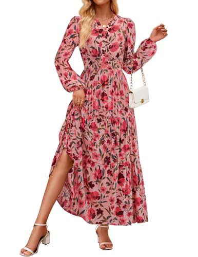 ZESICA Women's 2025 Fall Long Sleeve Maxi Dress Floral Print V Neck Empire Waist A Line Tiered Flowy Boho Party Dresses Vintage Pink Medium