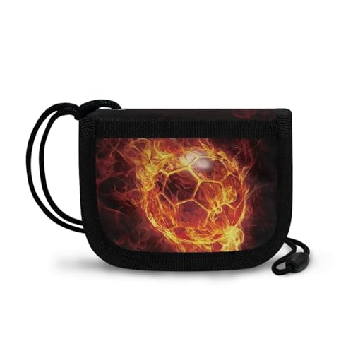 Rshubino Fire Soccer Kids Wallet for Boys Ages 6-8-12 Canvas Sports Wallet with Lanyard for Outdoor Waterproof Zipper Wallet for Travel Holiday Birthday