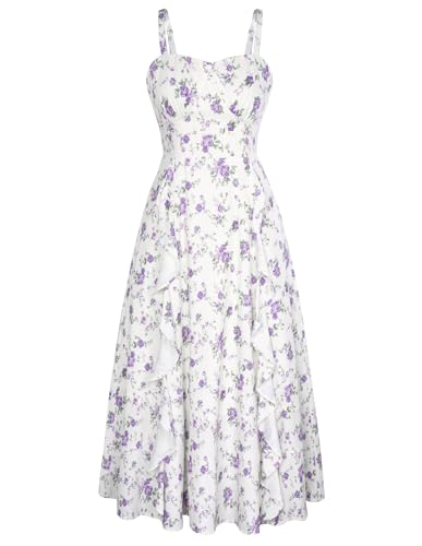 Belle Poque Floral Midi Dress for Women Summer Ruffle Cottagecore Dresses Ditsy Purple Photography Dress S