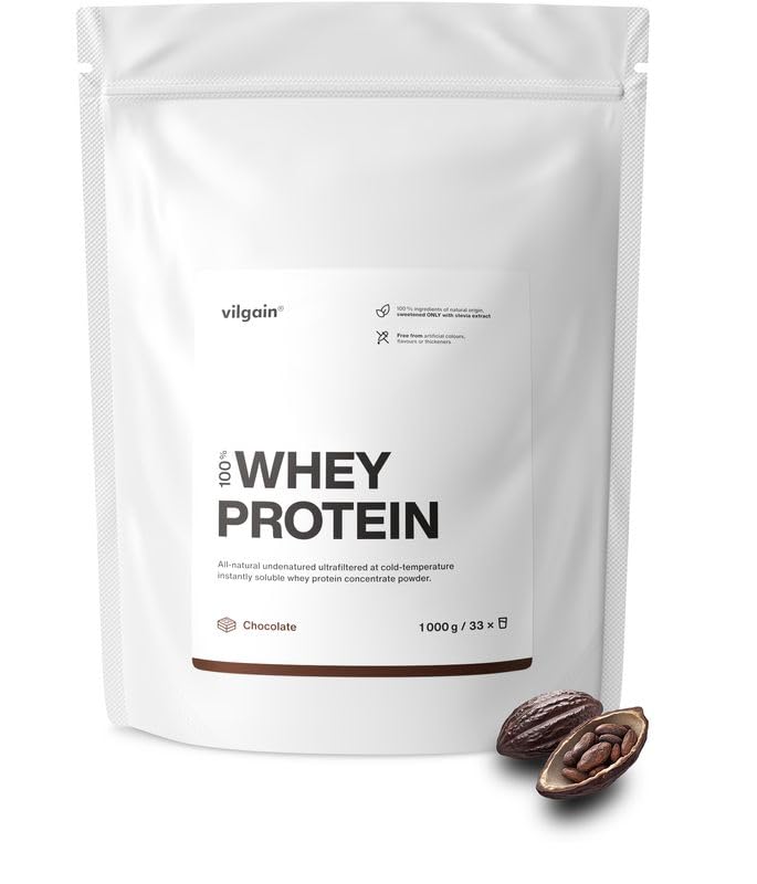 Vilgain Whey Protein Pulver Schokolade 1000g - Eiweißpulver aus Weidemilch - High Protein Shake mit Stevia, Ohne Zuckerzusatz & künstliche Aromen - Natürlich & Cremig für Muskelaufbau