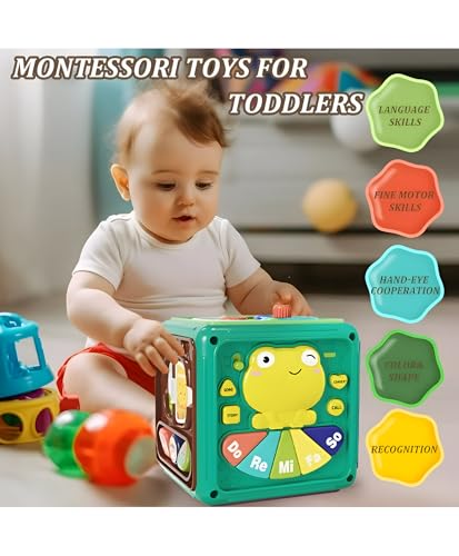 Image of Frog Musical Activity Cube for Babies | Multifunctional Montessori Early 6 Sides Learning Toy with Music & Shape Sorter | Infant Development Gift Toy for Toddlers, Boys & Girls, Pack of 1