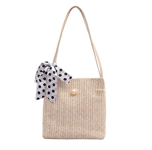 YONKINY Sommer Strand Tasche Mode Damen Stroh Handtasche Schultertasche Crossbody Tasche Einkaufstasche für Reise (Weiß) Cover