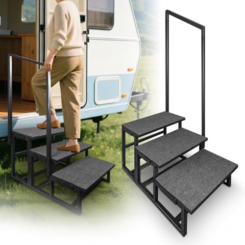 3-Step RV Step Stool with Handrail Wider Steps with Anti-Slip Mat & Base Support Mobility Aid Ladder for Senior High RV Hot Tub