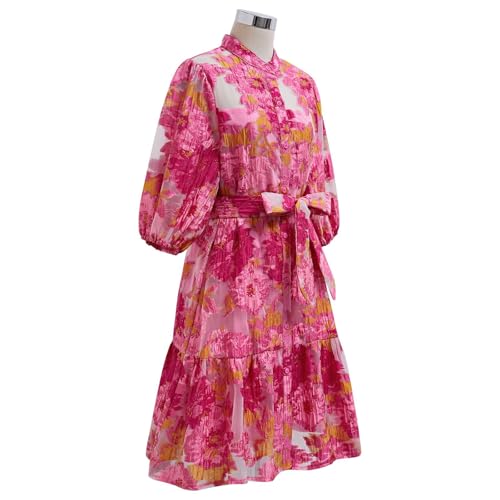 CHICWISH Women Floral Jacquard Mini Dress Puff Sleeves Mock Neck Button Garedn Party Organza Casual Dress with Belt4