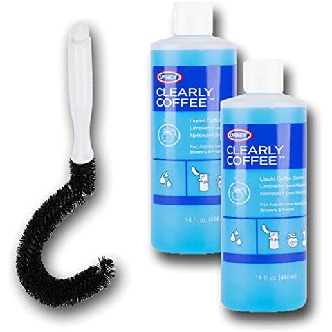 Urnex Clearly Coffee Pot Cleaner, French Press Liquid Cleaner for Brewers Glass Bowls and Thermal Servers Removes Coffee Oils (2 x14 Ounce) and compatible Sparklen Curved Coffee Pot Cleaning Brush Cover
