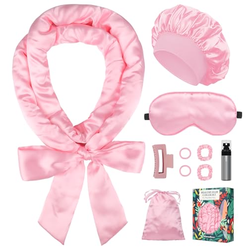 Gwabee Satin Heatless Curls Overnight Hair Curlers to Sleep In Hair Curler Rollers No Heat Hair Wrap for Curls Headband, 70" Satin Heatless Curling Rod Set for Women Long Waves Hair Volume-Pink 10PCS