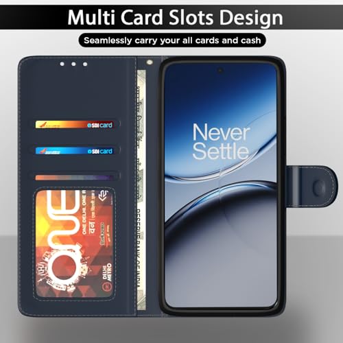 Image of Pikkme Flip Cover for Oneplus Nord CE5 5G | Leather Finish | Wallet Stand and Shock Proof | Complete Protection Flip Case (Blue)