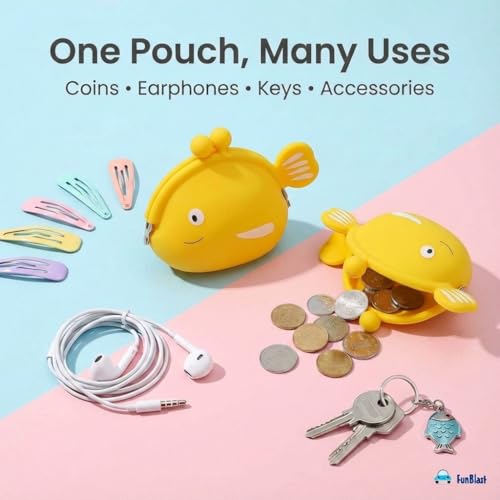 Image of FunBlast Cute Fish Shape Silicone Coin Purse for Kids & Adults - Mini Pouch for Coins, Earphones, Keys & Small Essentials, Aesthetic Pouches for Girls & Women - 12 X 9.5 X 3 Cm (Yellow)