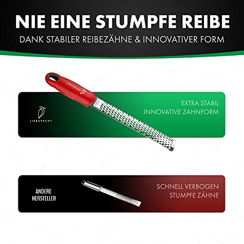 Foto von Liebspecht® Hochwertige Edelstahl Zester Reibe - Ideale Parmesanreibe - Käsereibe - Zitronenreibe - Muskatnussreibe - Keine abstumpfenden Klingen, inkl. Schutzhülle und Bürste - Innovative Form