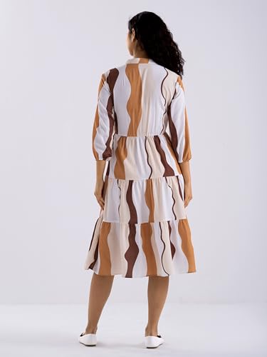 Image of AASK Women Diamond Creap Striped Printed Mandarin Collar Fit & Flare Dresss