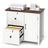 Pamapic File Cabinet, Wooden Filing Cabinet with 2 Lockable Drawers, Under Desk drawers for Letter/A4 Size, Home Office Drawer with Adjustable Shelf &1 Large Cupboard, Printer Stand, White