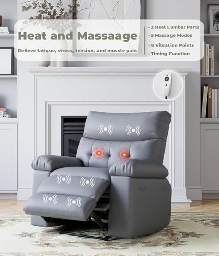 Image of Oversized 360 Swivel Rocking Recliner Chair with Massage & Heat, Ergonomic Lazy Chair with Remote Control for Living Room, Bedroom & Nursery, Gray
