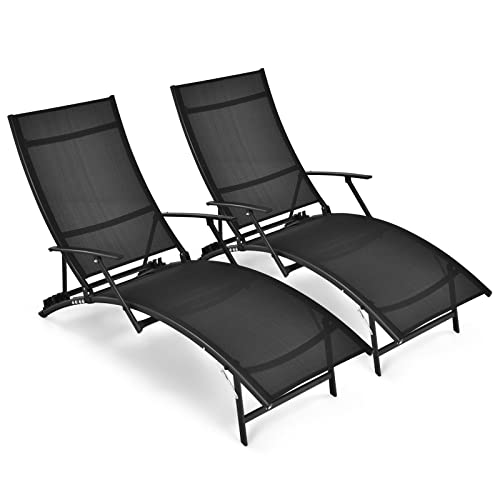 Giantex Set Of 2 Patio Chaise Lounge Chairs, With 5-Level Adjustable Backrest, Armrests, Fast-Drying Fabric, Foldable And Stackable Lounger For Poolside, Backyard Outdoor Chaise Recliner,Black #TOP13