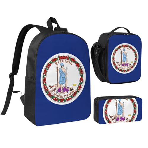 Flag of Virginia print Shoulder Bookbags Lunch Bag and Pen Case 17 inches Backpack with Lunch Box, Cute Bookbag Set