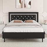 BarnFurin Queen Bed Frame with Tufted Button Headboard, Upholstered Platform Bed Frame with Diamond Design, Wood Slat Support, No Box Spring Needed, Easy Assembly, Black