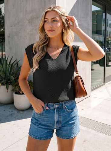 Image of Dokotoo Sweaters for Women 2026 Summer Eyelet Cap Sleeve Knitted Vest V Neck Business Casual Loose Pullover Tank Tops