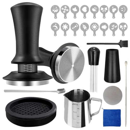 51mm Espresso Accessories, 25pcs Espresso Tamper, With Tamper Mat, Latte Art Pen,Pulling Template*16 Rag Pulling Cup,Barista Towel