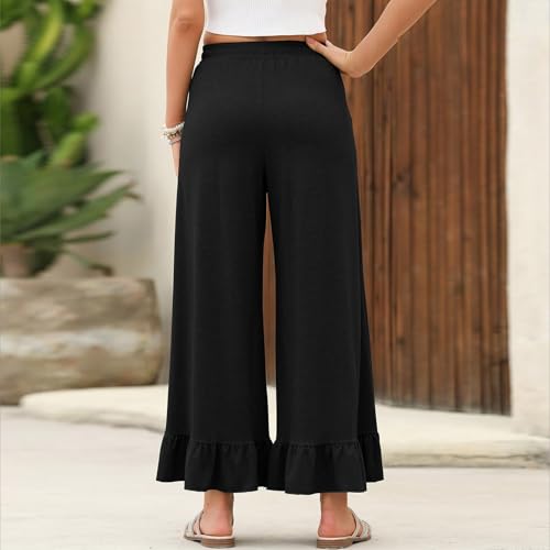 Womens Wide Leg Pants High Wasited Flowy Ruffle Hem Palazzo Pants Comfy Cotton Beach Pants Casual Culottes w/Pockets4