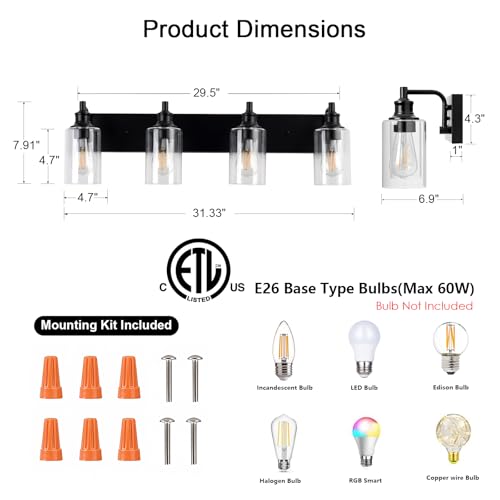Image of 4-Light Bathroom Light Fixtures Modern Black Vanity Lights for Bathroom Lighting Fixtures Over Mirror for Cabinet Mirror Bedroom Hallway