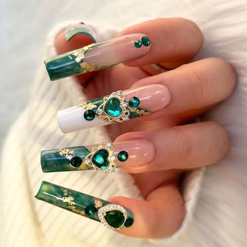 Real Gel Handmade Emerald Marble Halo Luxury Diamond French PressOn Nails Gems Coffin Fake Nails With Designs Glossy False Nails for Women and Girls (Emerald-XS) miniatura 3
