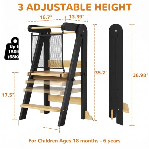 Image of ROOMTEC Foldable Toddler Kitchen Tower, 3 Adjustable Height Wooden Step Stool, Toddler Standing Tower with Safety Net (Black)