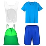 4 Pcs Halloween Adult Adventure Costume Including Blue T-Shirt Pants White Bunny Ear Plush Hat and Green Drawstring Backpack Bag for Halloween Anime Cosplay Party Dress Up