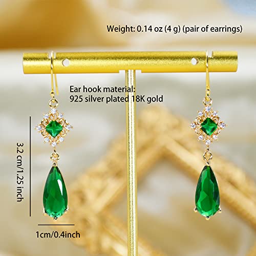 MOMOCAT 18K Gold Plated Vintage Emerald Green and Gold Hanging Earings Statement Earingings Dangling Formal Chandelier Fancy Dangle Earring Jewelry Hypoallergenic Long Fashion Earrings Aesthetic for2