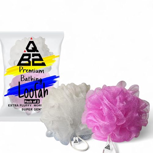 Image of QBZ Large Bath Loofah Sponge Scrubber Exfoliator for High Lather Cleansing (PINK & WHITE, 1 Count (Pack of 2))