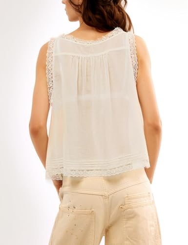 Wyeysyt Women Lace Trim Tank Tops Summer Flowers Boho Semi Sheer Tie Button Front Tops Sleeveless Mesh Going Out Cami Shirt2