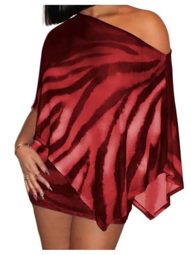 Verdusa Women's 2 Piece Rave Outfits Animal Print Off Shoulder Poncho Top with Boydcon Skirt Matching Sets Burgundy Small