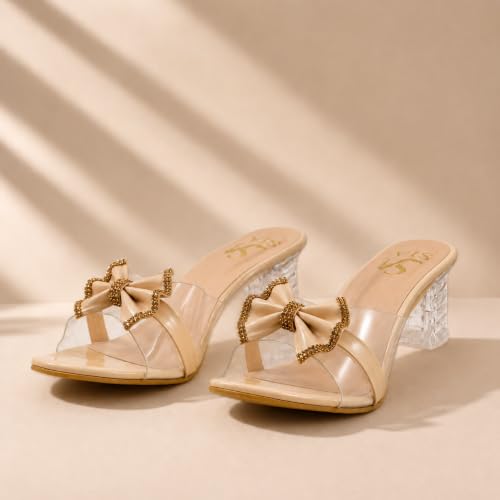 Image of Women's Transparent Block Heel Sandals with Rhinestone Bow, Clear Strap Slip-On Party Heels for Women